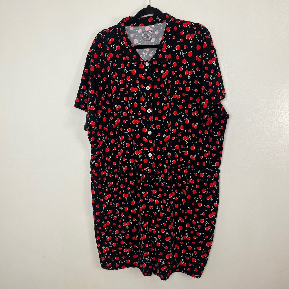 TomboyX Rockabilly Cherry Print Romper 3X Black Red Button Front Short Sleeve